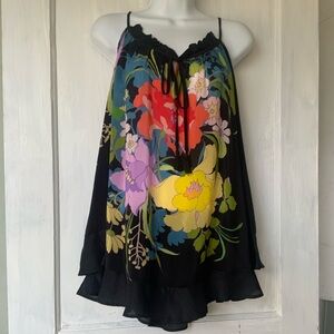 Johnny Was Black Floral Spaghetti Strap Tunic with Multicolor Blooms